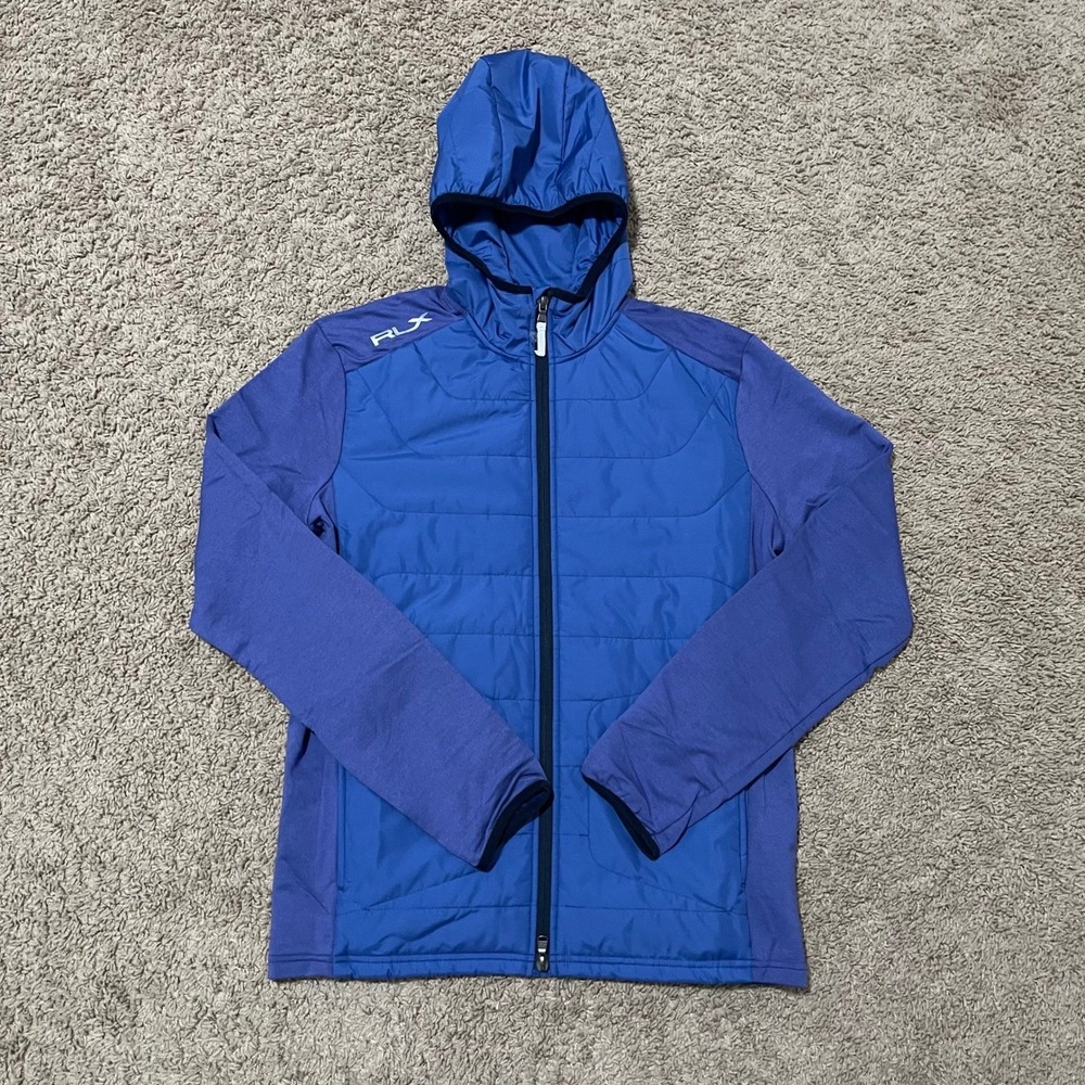 RLX Ralph Lauren Jacket Mens Small Blue Quilted Hooded Hybrid Wool Full Zip Golf